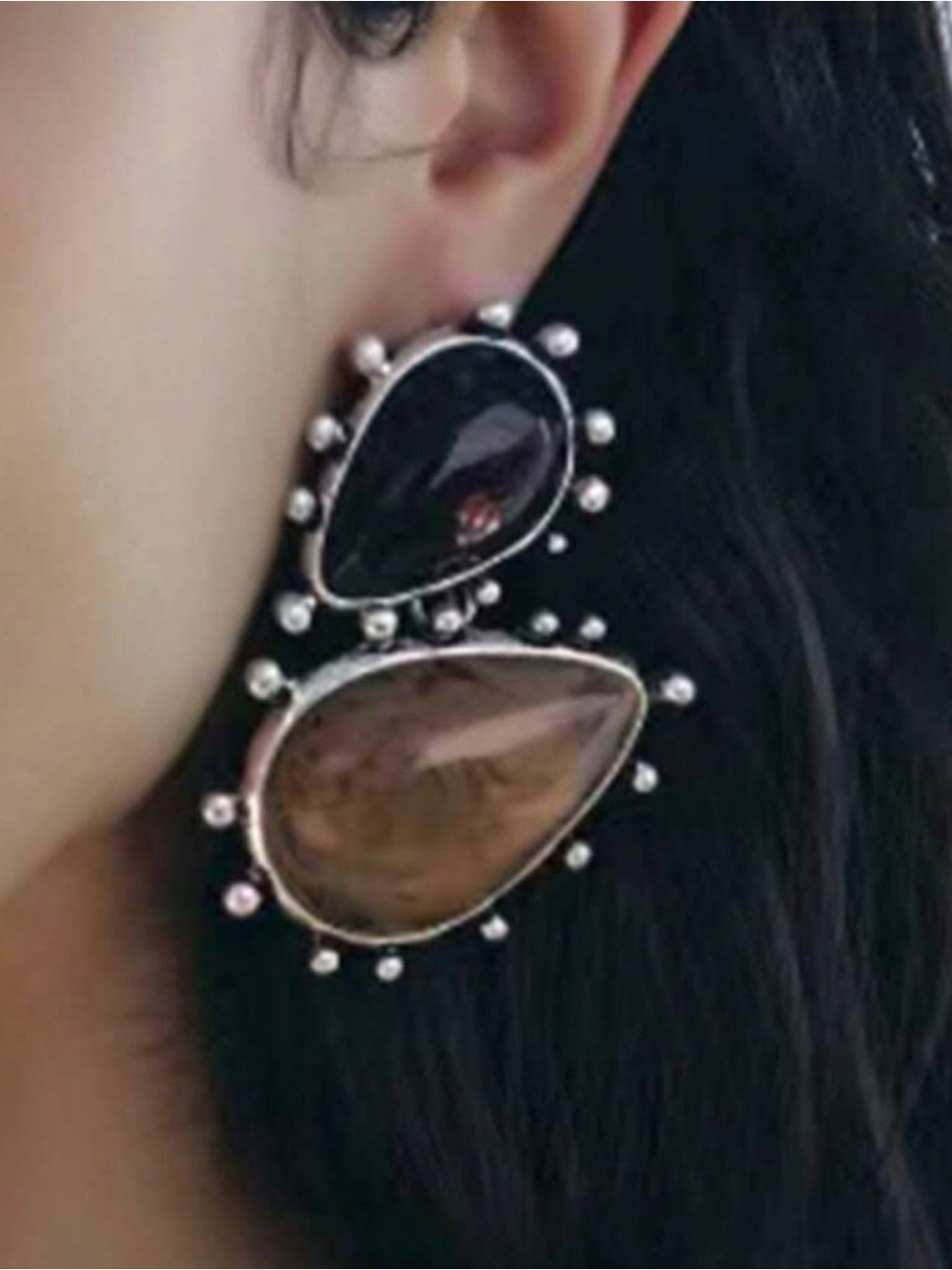 Statement Teardrop Double-Drop Earrings in Black and Browny Zara style